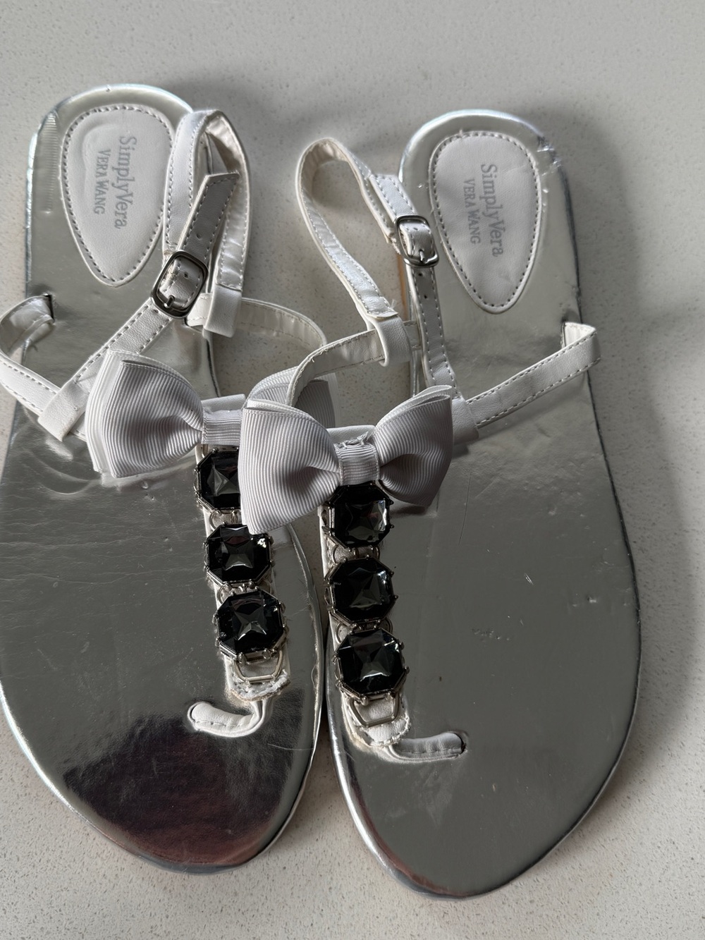 Simply Vera Vera Wang Silver T-Strap Sandals with White Bow and Black Gems